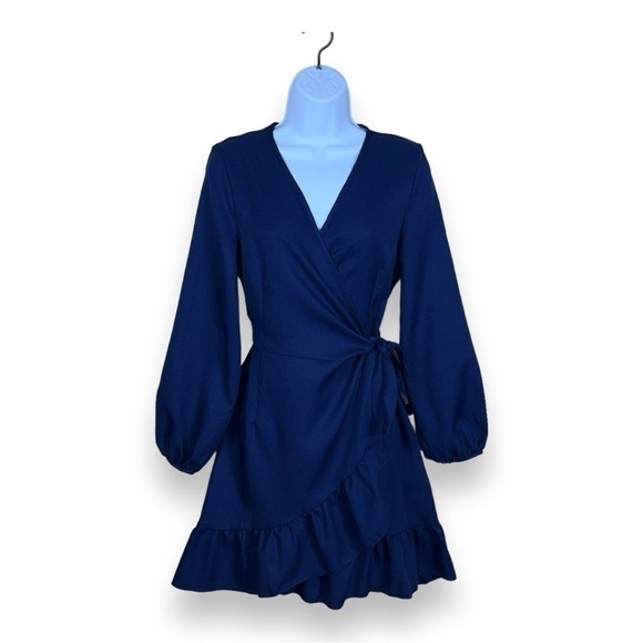 SMALL NAGOO NAVY BLUE WRAP DRESS RUFFLE ACCENT TIE CLOSURE - Picture 1 of 13